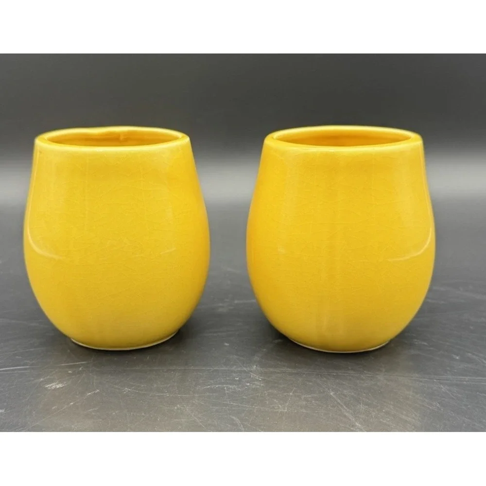 Vintage Bright Yellow Ceramic Tea Cups Set Of 8 MCM Japan Circular Handle 6-7 Oz